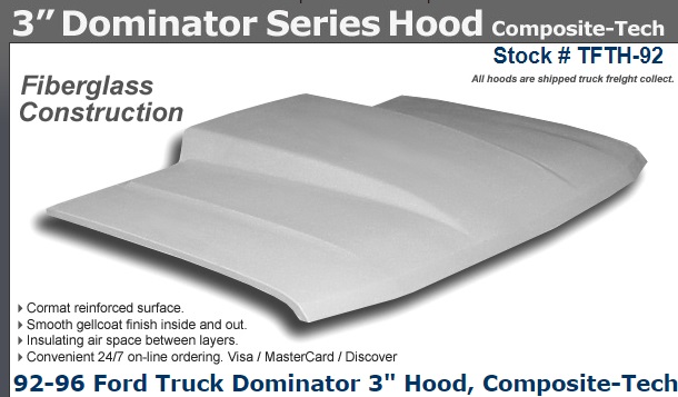 Fiberglass 3" Dominator Cowl Hood 92-96 Ford Trucks - Click Image to Close